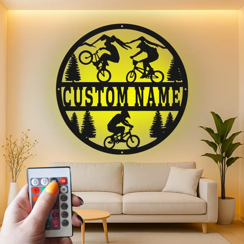 Custom BMX Cyclist Led Light Metal Wall Art Personalized Gift for Biking Enthusiasts Outdoor Adventure Decor