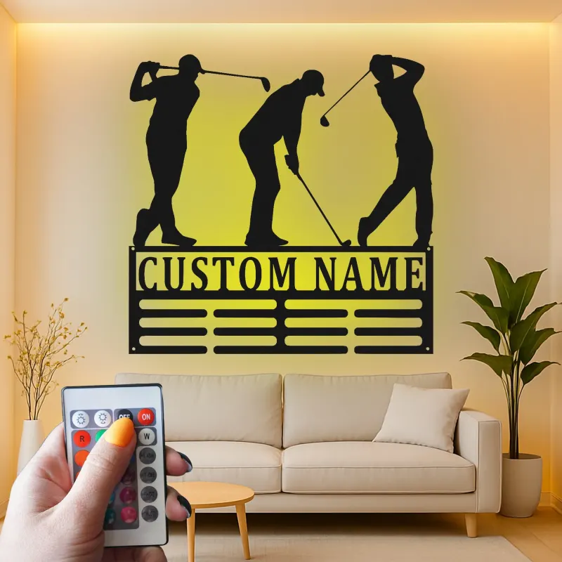 Enseigne de golf personnalisée avec LED | Décoration murale en métal sur mesure pour man cave | Plaque prénom golfeur | Cadeau pour lui