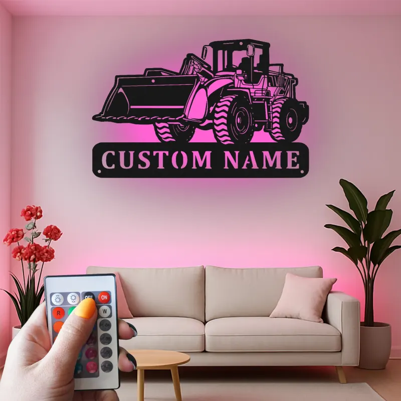 Décoration murale en métal personnalisée avec bulldozer rétroéclairé - Cadeau personnalisé pour passionné de construction - Décor de garage ou de bureau