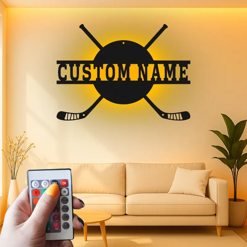 Personalisierte Hockey Namensschild | LED Metall-Wandkunst für das Spielzimmer | Individuelle Sportdekoration | Geschenk für Hockeyspieler