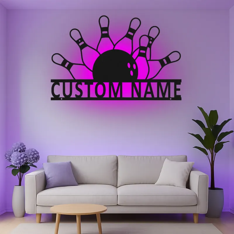 Personalisierte LED-beleuchtete Metall-Wandkunst mit Bowlingkegeln und Ball – Geschenk für Bowlingspieler und Spielzimmer-Dekor