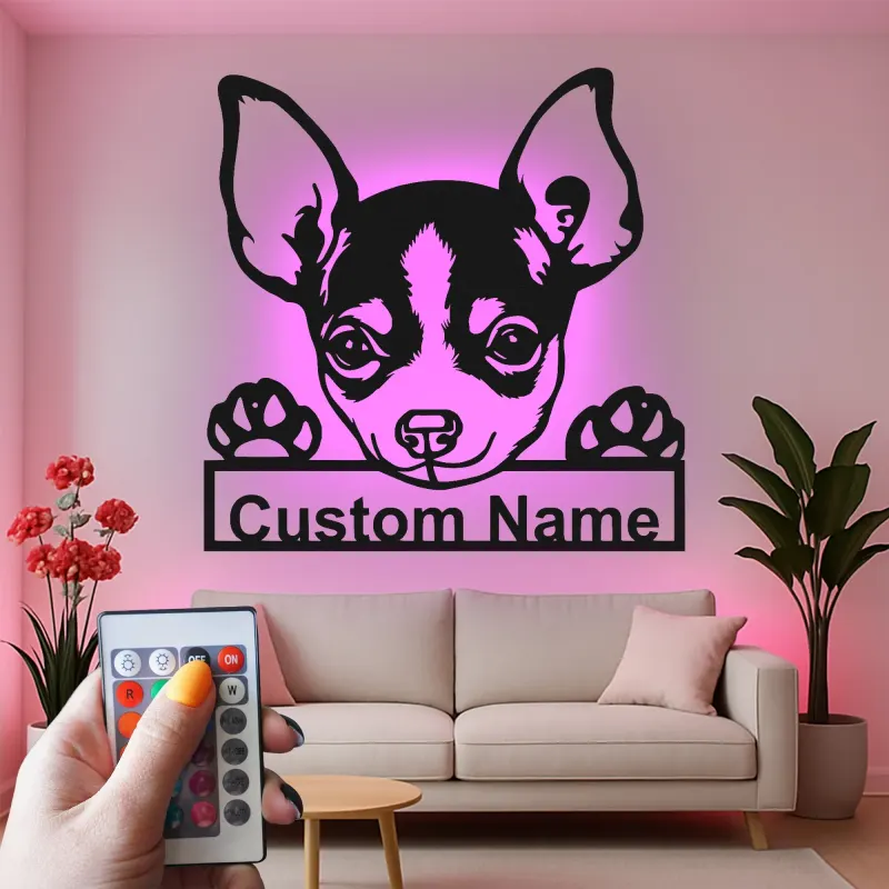 Décoration murale en métal personnalisée Chihuahua avec Rétroéclairage - Cadeau pour Amateurs de Chiens - Décor de Salon
