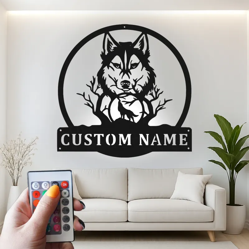 Décoration murale en métal personnalisée avec lumière LED de loup et lune