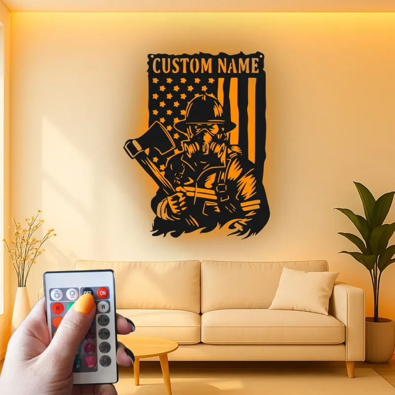 Individuelles Feuerwehr-LED-Schild | Personalisierte Metall-Wandkunst | Patriotisches Helden Geschenk für Ihn | Feuerwehrmann Wohnkultur