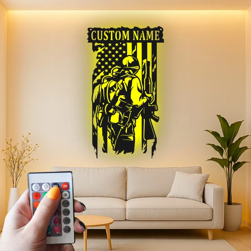 Personalized Soldier Metal Sign | Patriotic LED Wall Art | Custom Veteran Name Plaque | US Military Man Cave Decor
