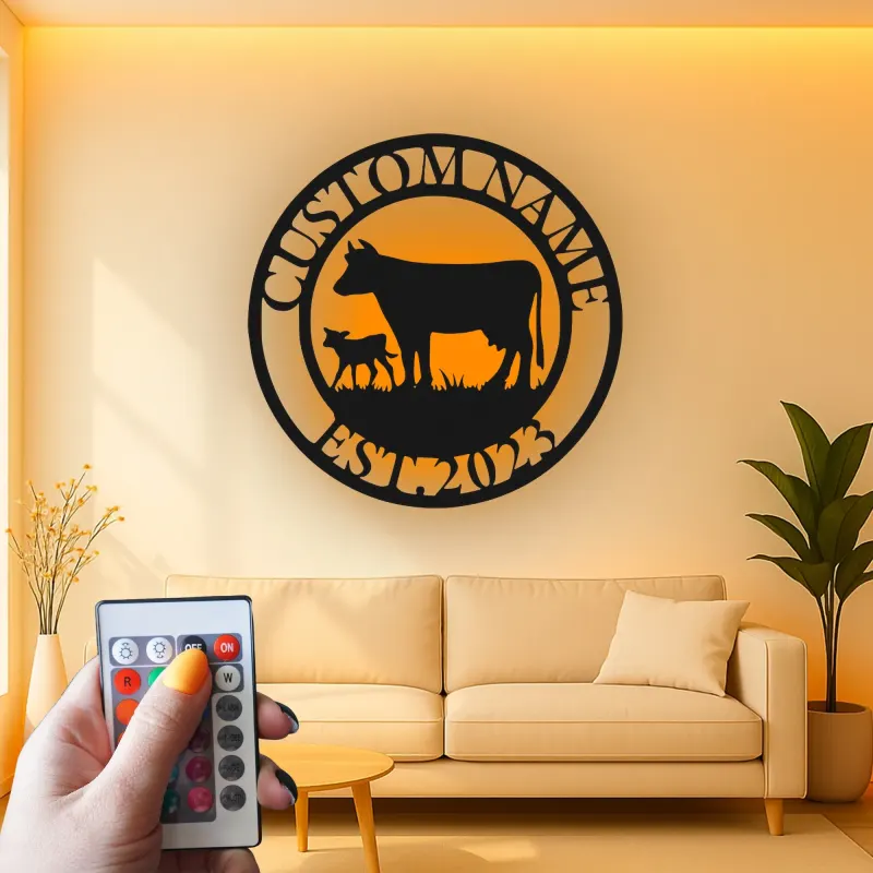 Custom Farm Cow and Calf Led Light Metal Wall Art Personalized Ranch Gift Rustic Farmhouse Decor