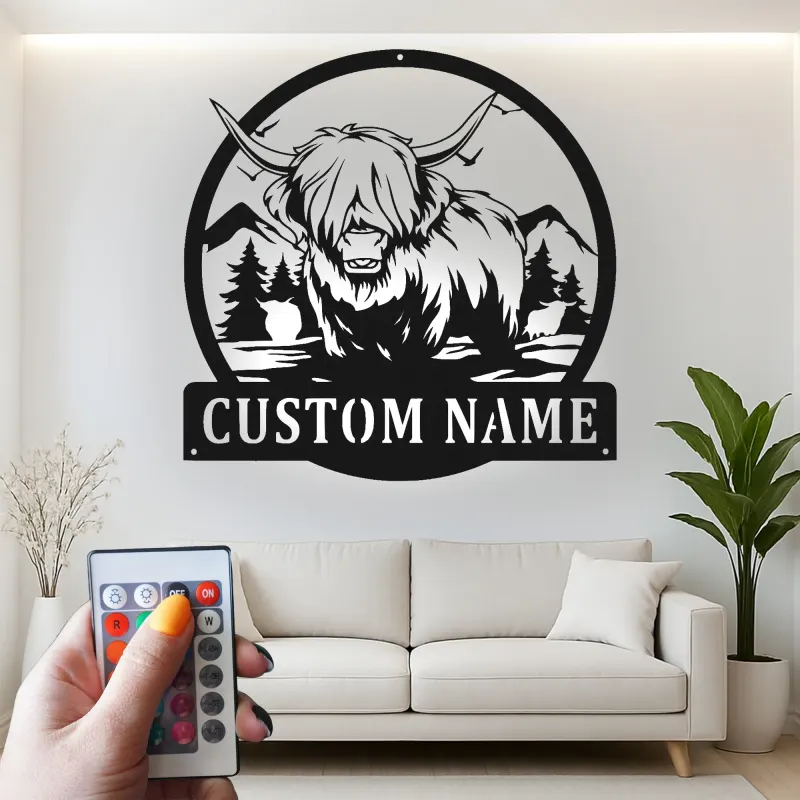 Decoración mural de metal LED de vaca de las Highlands | Letrero personalizado para rancho con luces | Decoración farmhouse personalizada para hogar y negocio