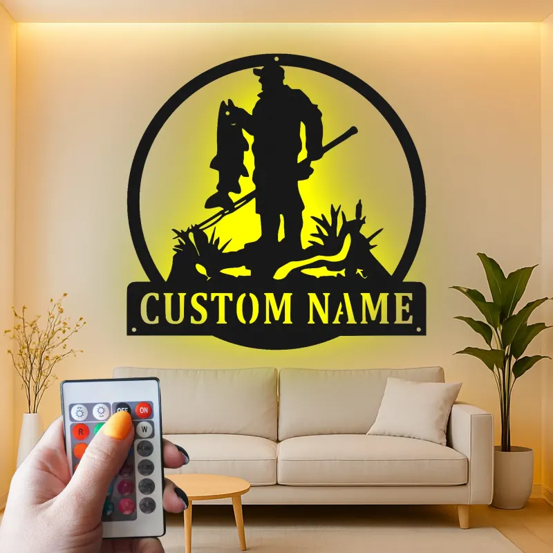 Panneau personnalisé de pêcheur avec LED | Décoration murale en métal sur mesure | Déco pour maison de lac et chalet | Cadeau pour pêcheur