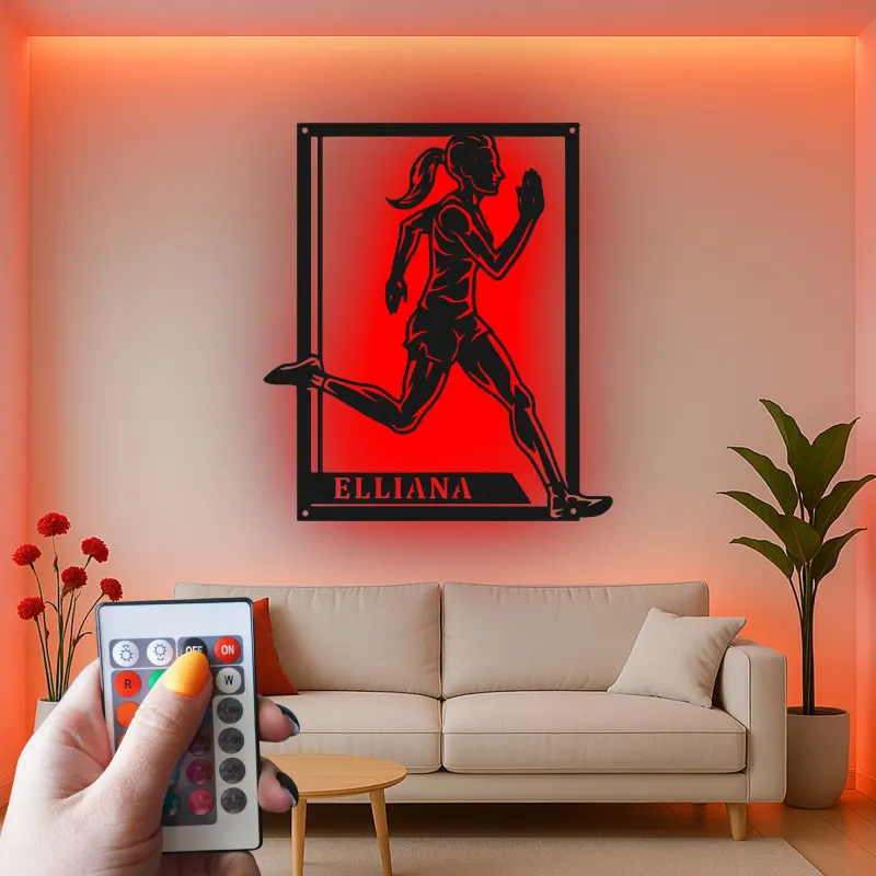 Personalized Female Runner Metal Wall Art | LED Name Sign for Athlete's Room | Custom Track & Field Gift