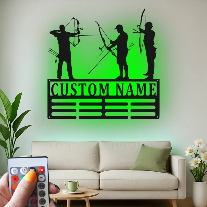 Cartel de metal personalizado con silueta de arquería y luz LED, regalo personalizado para arqueros, decoración para sala de juegos o man cave