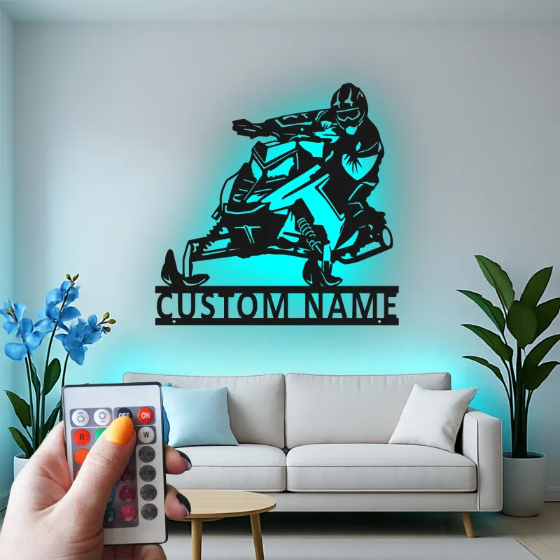 Arte da Parete in Metallo LED per Motoslitta Personalizzata | Insegna con Nome per Piloti per Man Cave | Regalo Decorativo per Sport Invernali