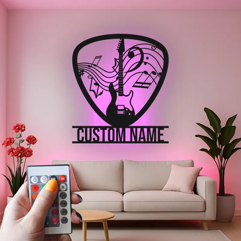 Cartel de metal personalizado de guitarra con LED | Regalo a medida para amantes de la música | Decoración mural para estudio y sala de grupo