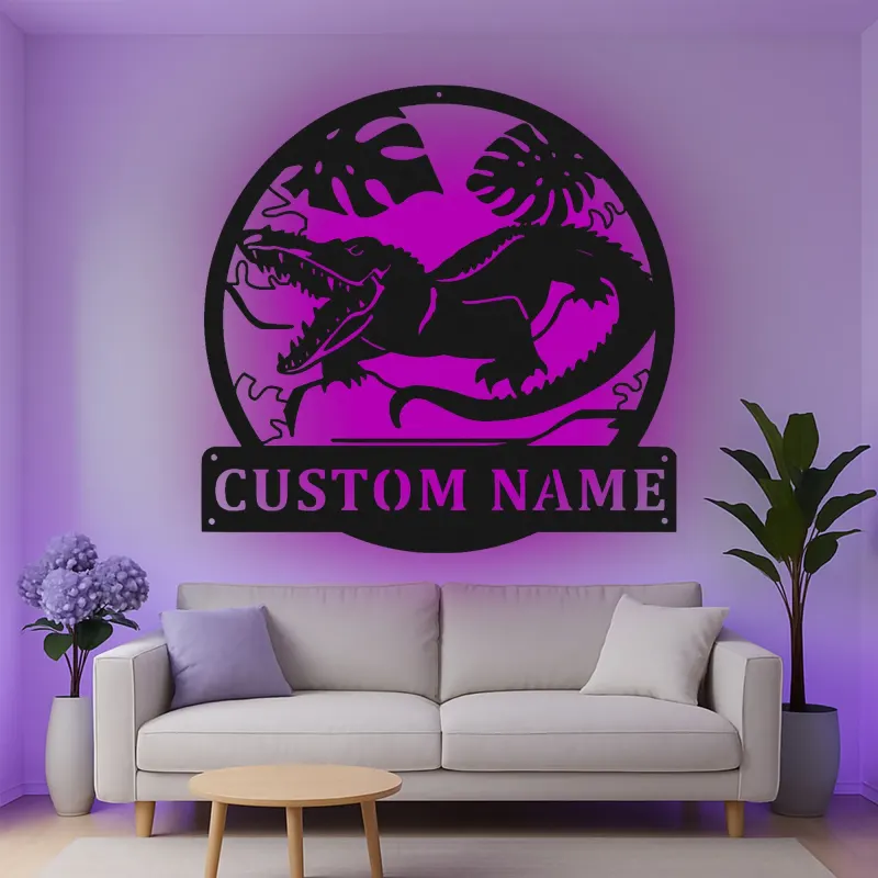 Custom Dinosaur Led Light Metal Wall Art Personalized Gift for Kids Jungle-Themed Bedroom Decor