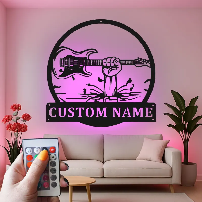 Individuelle Gitarren-LED-Metall-Wandkunst | Personalisierte Musiker-Namensschild | Dekoration für Musikzimmer, Studio & Männerhöhlen