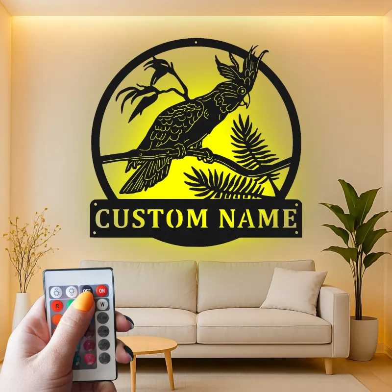 Cartel de metal personalizado de Cockatoo con luz LED Regalo para amante de aves Decoración de sala de estar o patio