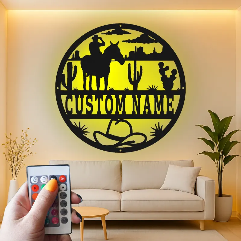 Cartel de metal LED personalizado de vaquero y caballo, regalo western para él, decoración rústica para rancho 3
