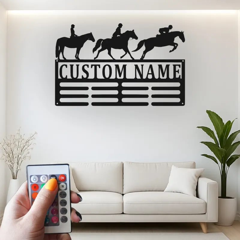 Décoration murale en métal personnalisée pour cavalier équestre avec rétroéclairage LED - Cadeau pour les amoureux des chevaux, décoration de stabulation ou de sellerie
