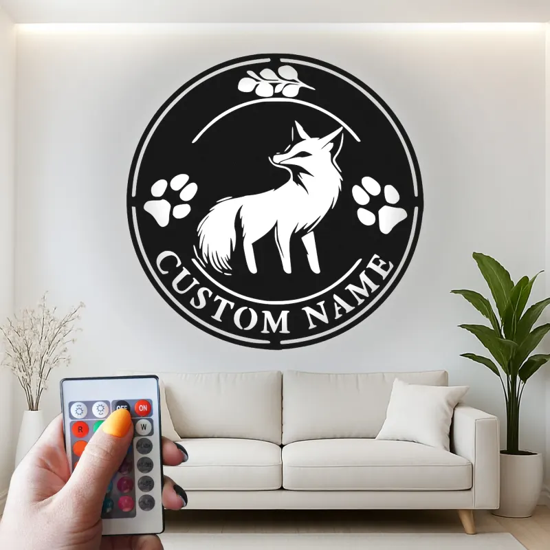 Insegna in metallo LED con volpe su misura | Decorazione murale personalizzata con fauna selvatica | Arredo rustico per casa e baita per amanti della natura