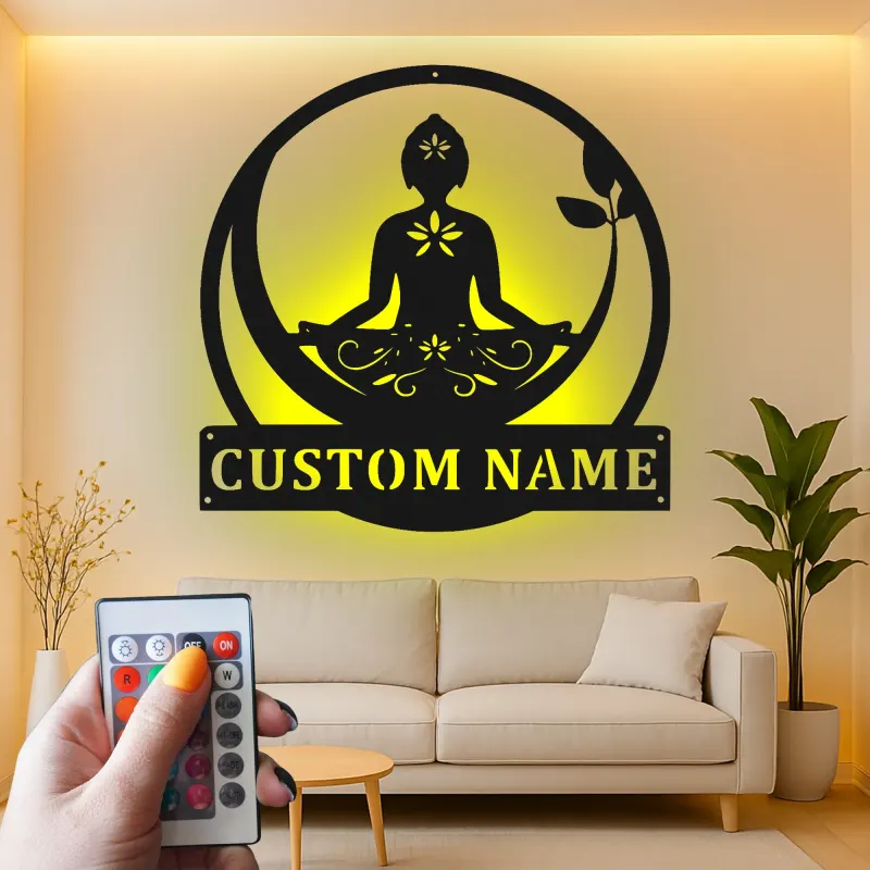Custom Yoga Meditation Led Light Metal Wall Art Zen Gift for Yoga Lovers Peaceful Home Decor