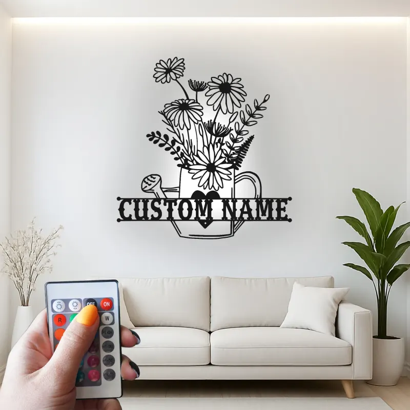 Insegna personalizzata con annaffiatoio | Decorazione murale in metallo LED | Arredo da giardino su misura | Regalo per giardiniere | Accento floreale boho