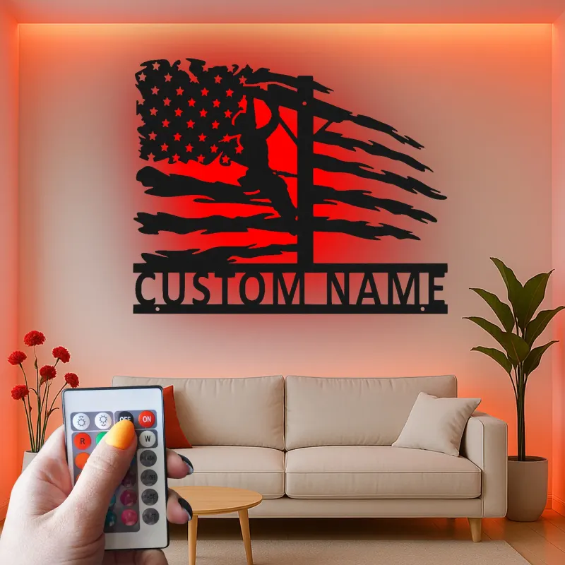Custom Lineman Metal Sign | American Flag LED Wall Art | Personalized Patriotic Gift for Electrician | Utility Worker Decor