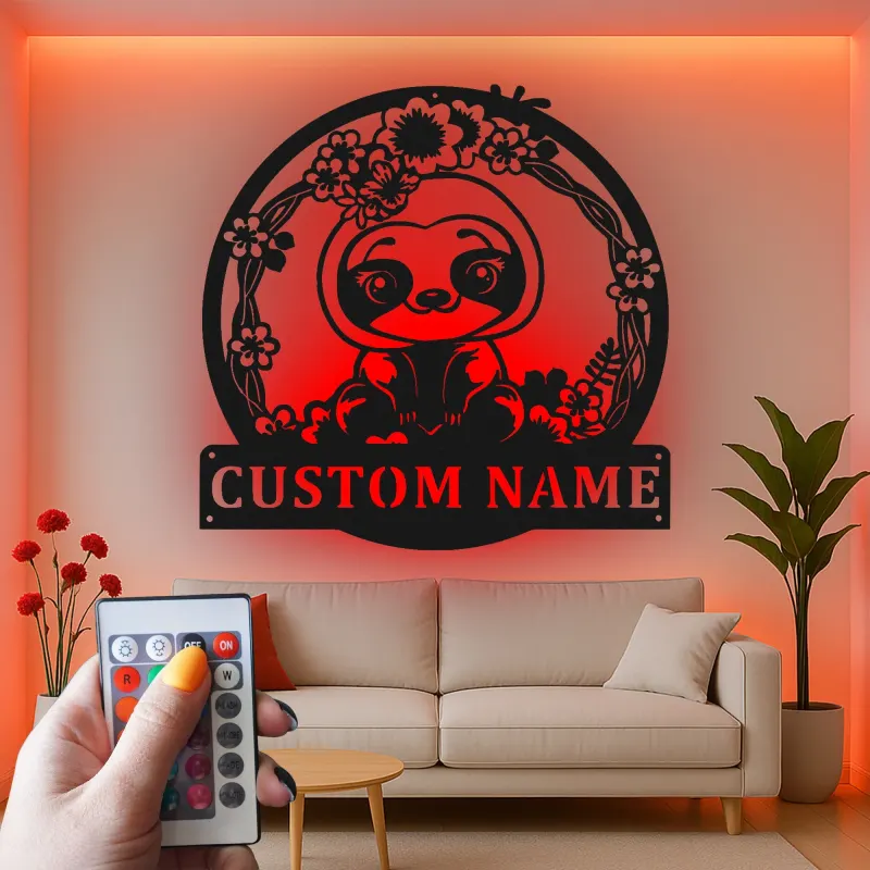 Custom Sloth Led Light Metal Wall Art Personalized Gift for Kids Nursery Animal Decor