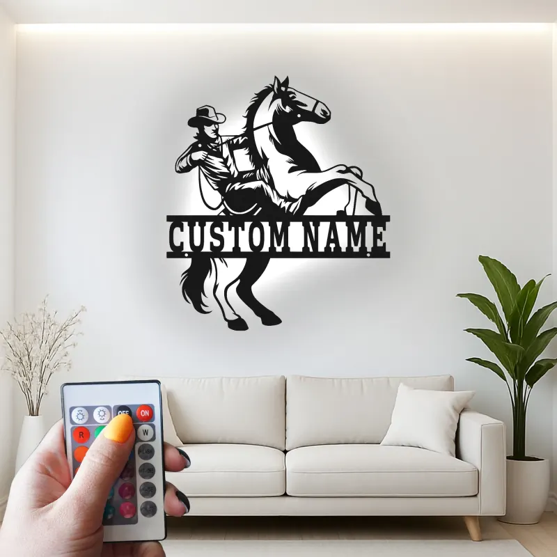 Insegna in metallo LED personalizzata con cowboy e cavallo - Regalo western per ranch o decorazione per man cave