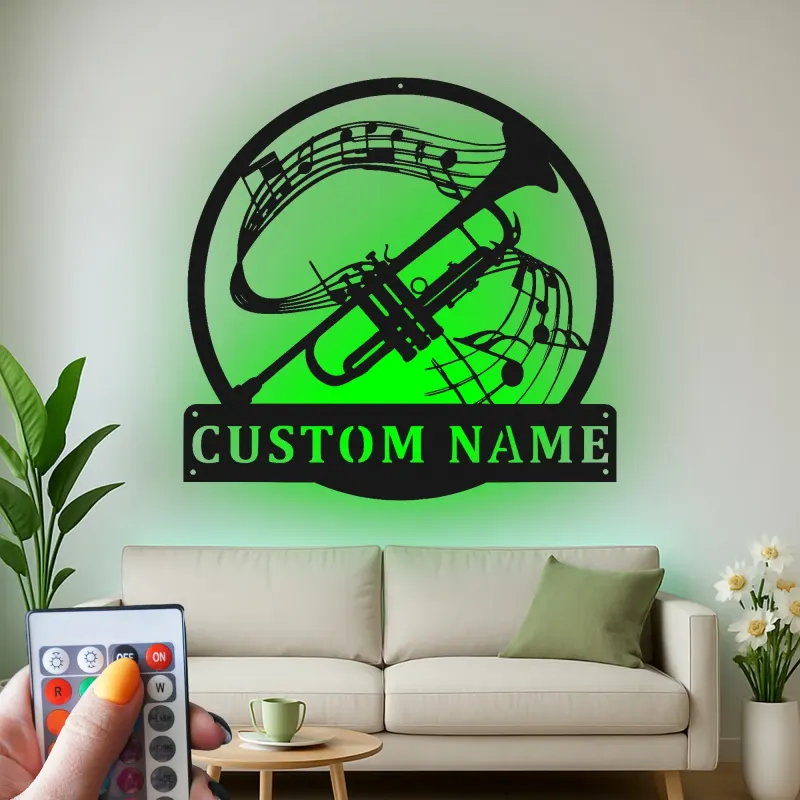Insegna in metallo personalizzata con note musicali e LED per tromba - Regalo per musicisti - Decorazione per sala musica