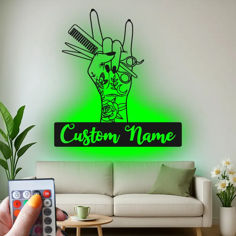 Enseigne LED en métal pour coiffeur | Décoration murale de salon personnalisée | Art sur mesure pour barber shop | Plaque nominative inspirée du tatouage