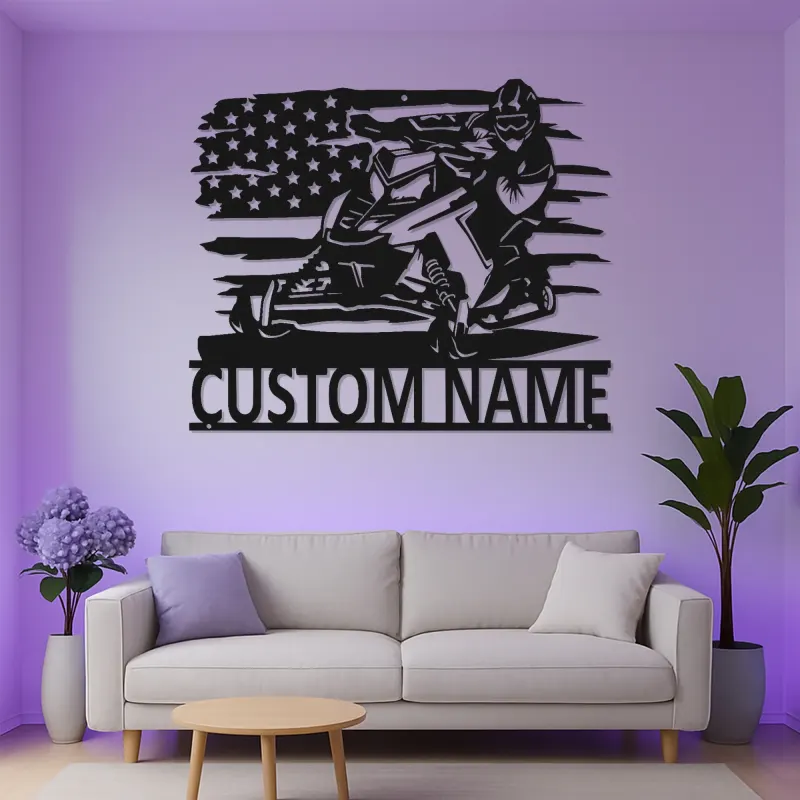 Panneau en métal personnalisé pour motoneige avec rétroéclairage LED | Décoration murale avec drapeau américain | Décor de man cave et garage | Cadeau pour amateur de sports d'hiver