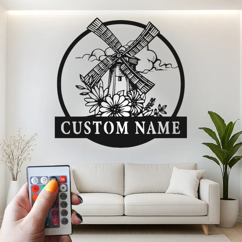 Personalisiertes LED-Metallschild mit Windmühlen-Motiv – Rustikales Geschenk für das Wohnzimmer