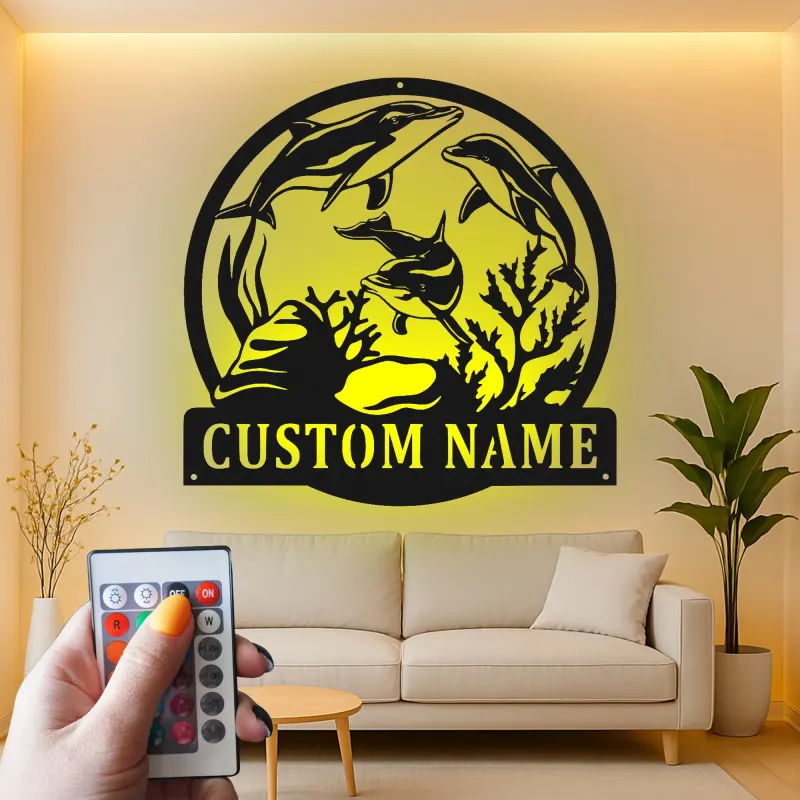 Custom Dolphin Led Light Metal Wall Art Personalized Ocean Lover Gift Nautical Decor for Beach House