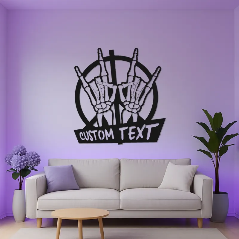 Insegna Rock On con Mani Scheletriche | Arte in Metallo LED Personalizzata | Targa per Amanti della Musica e Decorazione Gotica