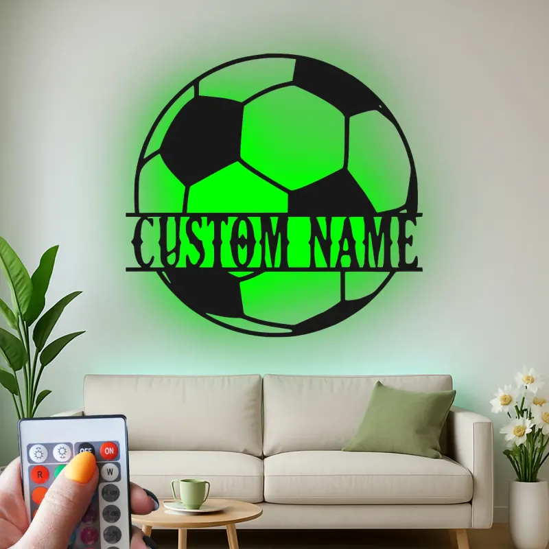 Panneau LED de ballon de football personnalisé | Art mural en métal personnalisé | Décor sportif | Cadeau pour entraîneur | Plaque lumineuse pour chambre de garçon