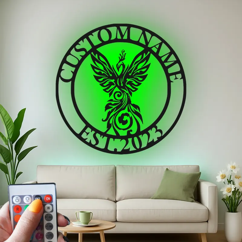 Phoenix LED Metal Wall Art | Custom Name Sign, Art Deco Inspired | Personalized Office & Home Decor Gift