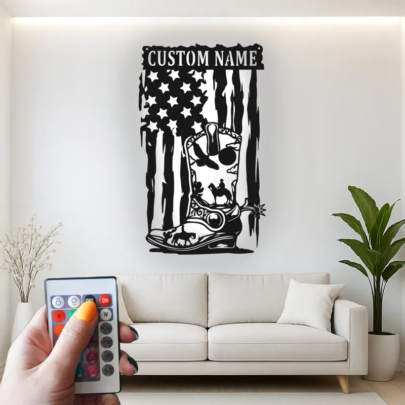Personalisierte Cowboy-Stiefel LED-Metall-Wandkunst – Western-Geschenk für Ihn, rustikale Man-Cave-Deko