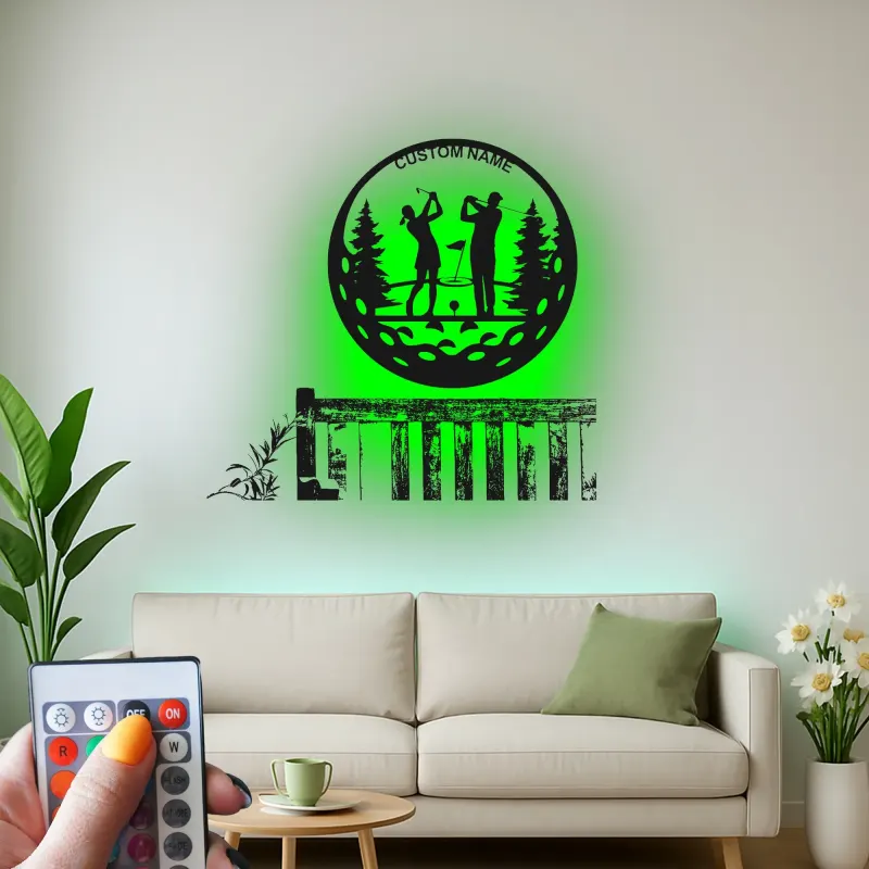 Custom Golf Couple Metal Sign | Personalized Golfer LED Wall Art | Unique Anniversary Gift for Golfers | Home Bar Decor