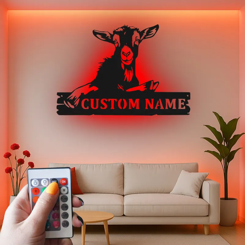 Cartel de cabra personalizado con LED | Arte mural de metal farmhouse personalizado | Decoración rústica de granero para amantes de las cabras