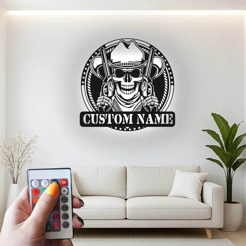 Décoration murale en métal personnalisée Crâne de Cowboy avec rétroéclairage LED - Cadeau personnalisé pour les passionnés de western - Décor de man cave