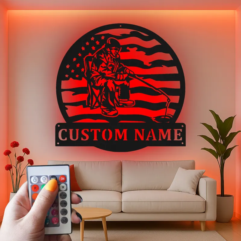 Cartel de metal personalizado de pesca con LED | Regalo para angler personalizado | Arte mural patriótico de casa de campo y cabaña