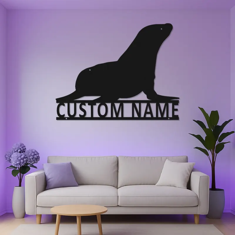 Arte in Metallo con Leoni Marini Personalizzati | Insegna con Nome LED per Casa al Mare | Decorazione di Animali Marini Costiera