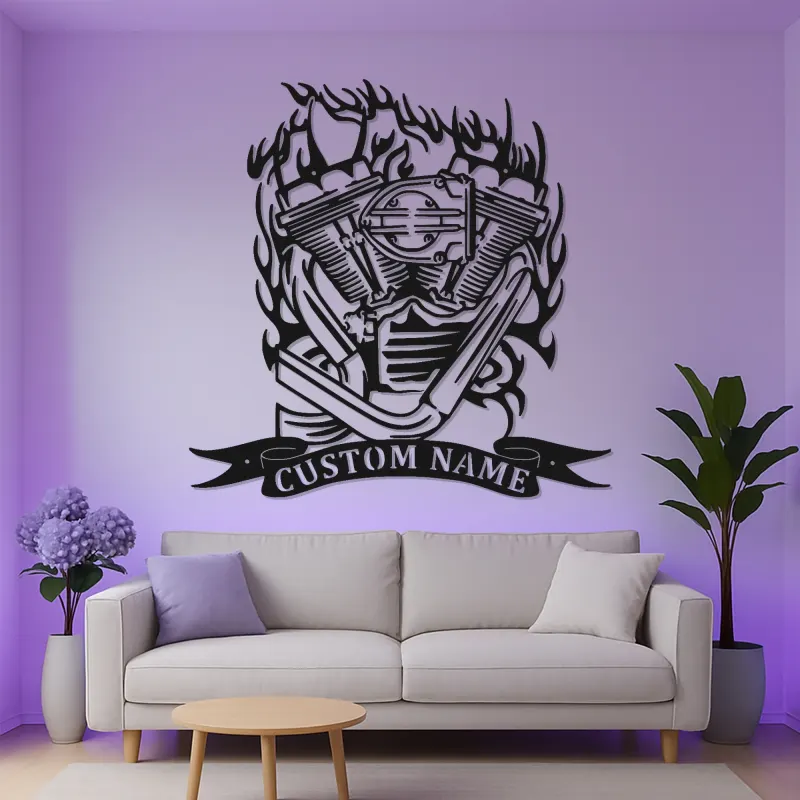 Arte LED in metallo con motore V-Twin | Insegna motociclistica personalizzata per garage | Targa biker su misura | Decorazione per man cave