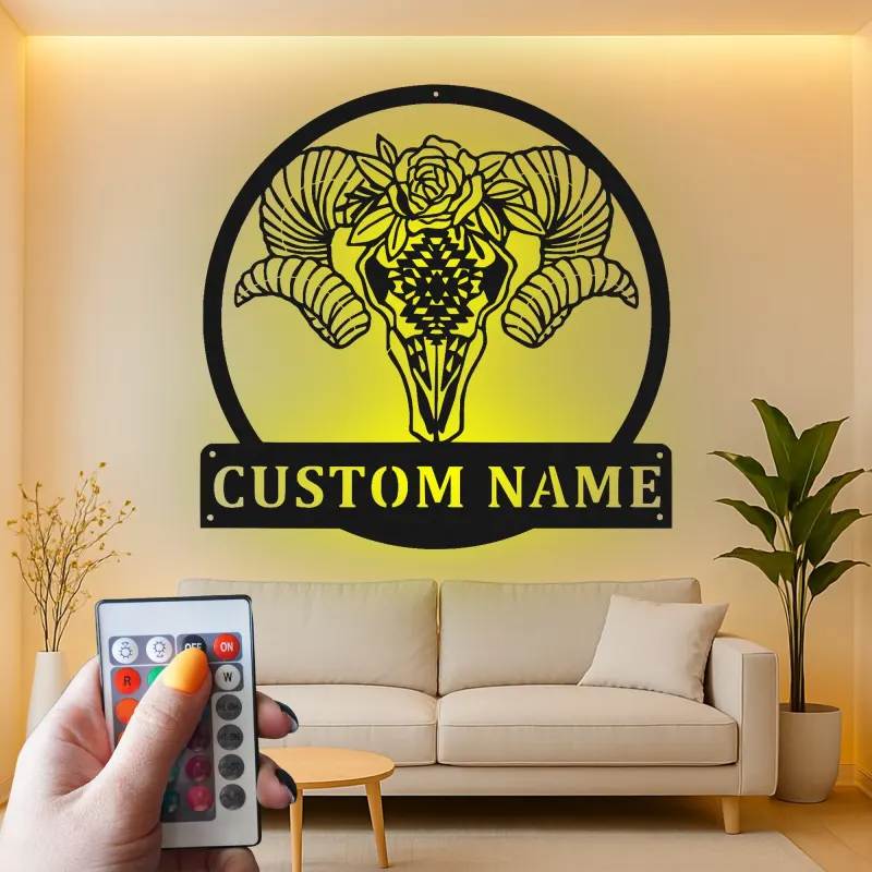 Insegna in metallo personalizzata con teschio di montone | Insegna LED per decorazione boho e rustica | Regalo unico in stile sud-occidentale