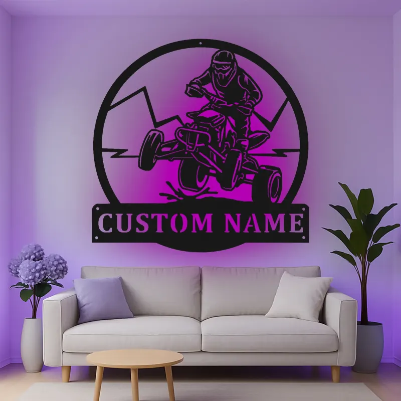 Custom ATV Rider Led Light Metal Wall Art Off-Road Enthusiast Gift Garage or Man Cave Decor