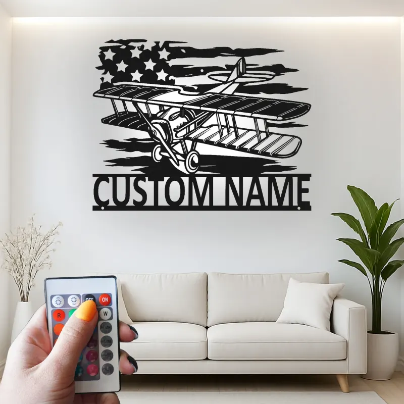 Décoration murale en métal personnalisée avec rétroéclairage - Drapeau américain - Cadeau pour pilote, hangar ou bureau