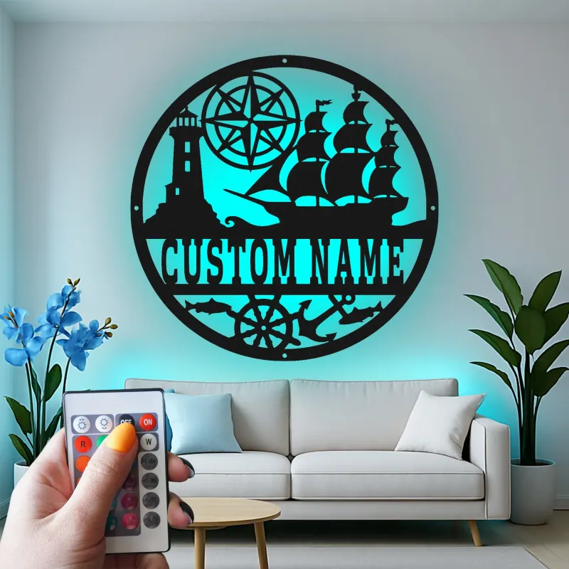 Personalisierte Nautische LED-Wandkunst | Individuelles Schiffs- und Kompass-Metallschild | Vintage Küstendekor für Zuhause oder Büro