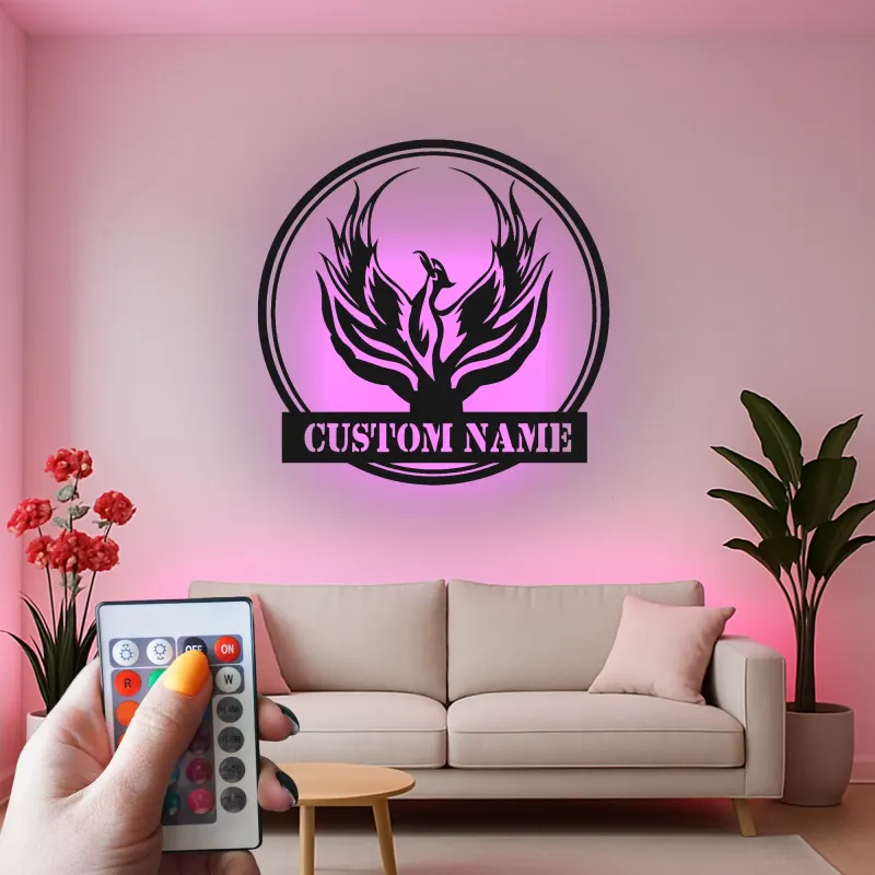 Phoenix Rising LED Metal Wall Art | Custom Name Firebird Sign | Mythical Home & Office Decor | Personalized Fantasy Lover Gift