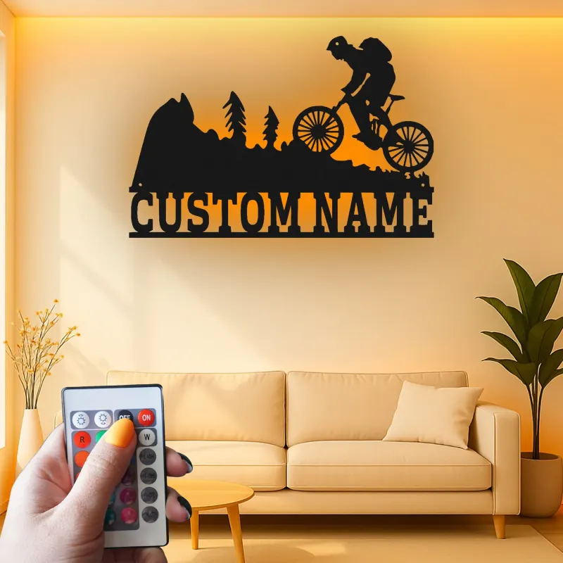 Custom Mountain Biker Metal Sign | Personalized LED Wall Art for Cyclist | Biking Decor Gift for Outdoor Enthusiast