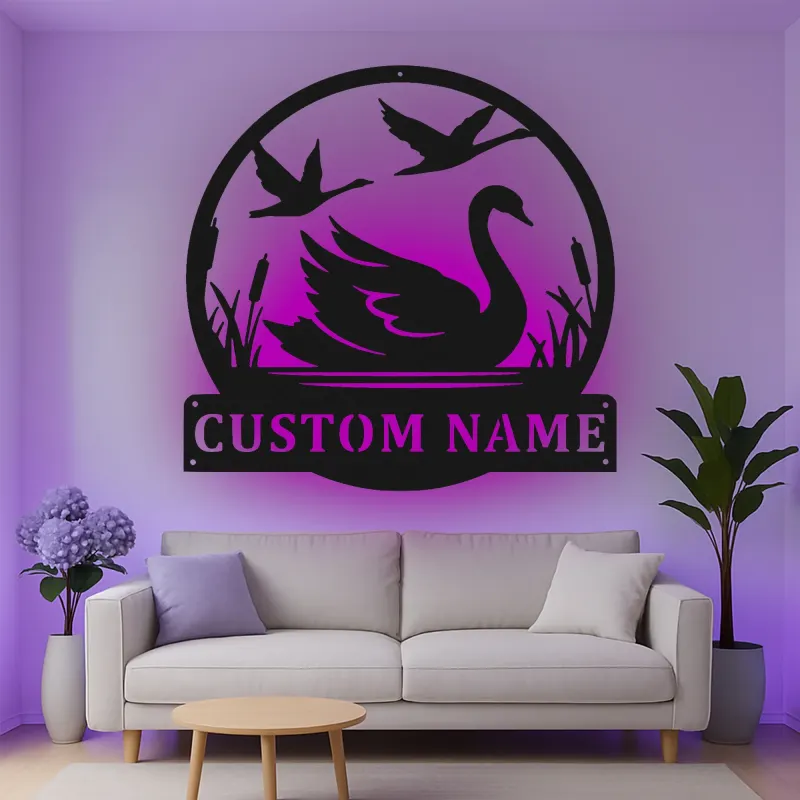 Décoration murale en métal personnalisée Cygne et Oies avec Rétroéclairage Cadeau pour Amoureux de la Nature Chambre ou Salon