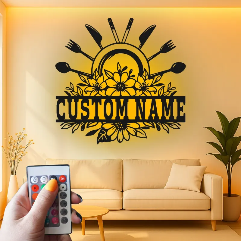 Plaque de cuisine personnalisée | Décoration murale en métal LED avec fleurs | Décor sur mesure avec ustensiles de chef | Cadeau pour maman pour restaurant et maison